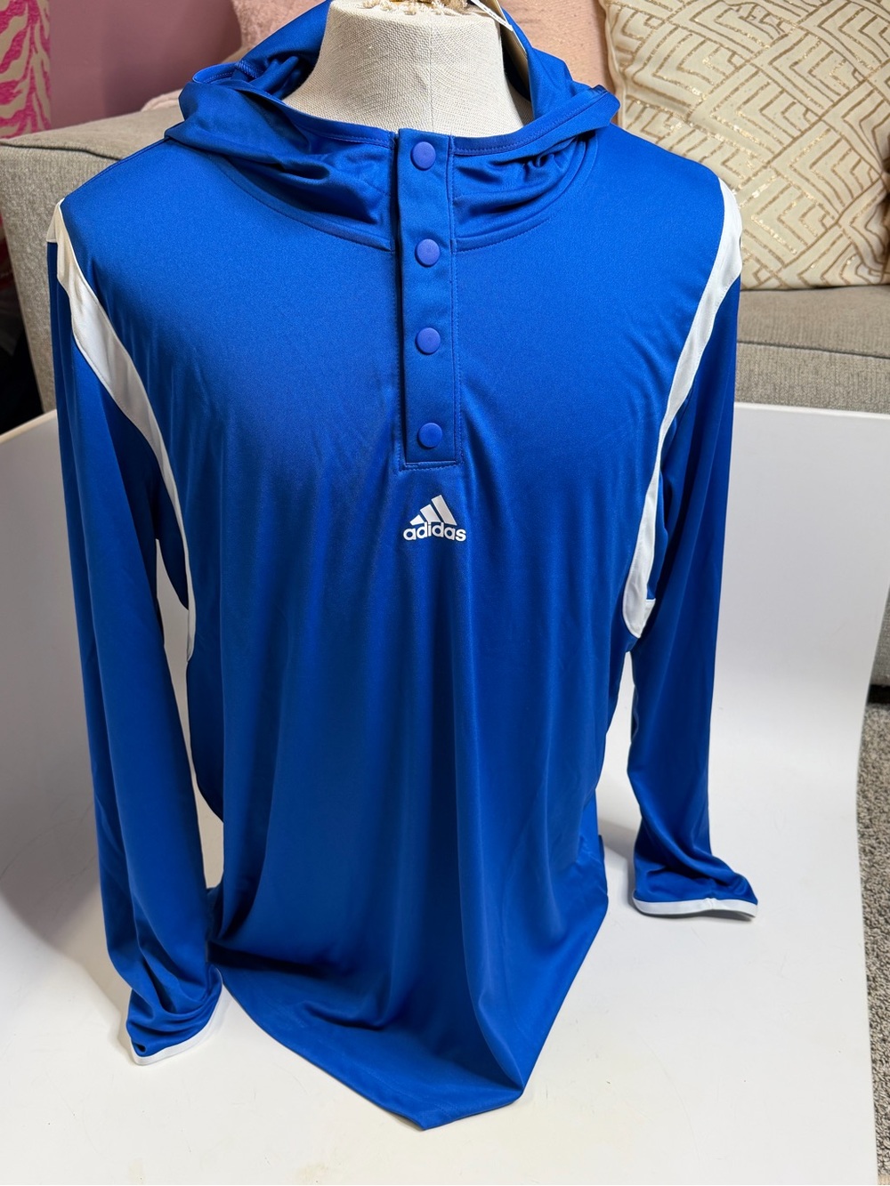 adidas Royal Blue Hooded Long Sleeve Shirt with White Accents